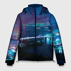 Куртка зимняя мужская Неоновый город и мост - Синий, цвет: 3D-черный