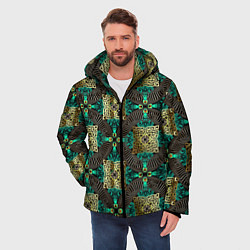 Куртка зимняя мужская Золотые и зеленые квадраты абстракция, цвет: 3D-красный — фото 2