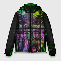 Куртка зимняя мужская Неоновое здание ночью - Зелёный, цвет: 3D-светло-серый