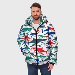 Куртка зимняя мужская Стая разноцветных акул - паттерн, цвет: 3D-черный — фото 2