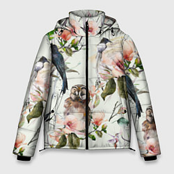 Куртка зимняя мужская Цветы Нарисованные Магнолии и Птицы, цвет: 3D-красный