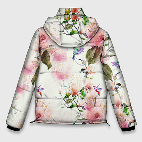 Мужская зимняя куртка Цветы Нарисованные Магнолии и Разноцветные Птицы / 3D-Светло-серый – фото 2
