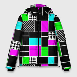 Куртка зимняя мужская Неоновый геометрический узор на черном, цвет: 3D-светло-серый