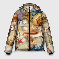 Куртка зимняя мужская Морские раковины, кораллы, морские звёзды на песке, цвет: 3D-черный