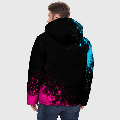 Мужская зимняя куртка Free Fire - neon gradient: символ и надпись вертик / 3D-Черный – фото 4