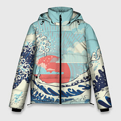 Куртка зимняя мужская Морской пейзаж с большими волнами на закате, цвет: 3D-черный