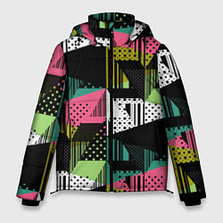 Куртка зимняя мужская Черный горошек и полосы на ярком геометрическом фо, цвет: 3D-черный