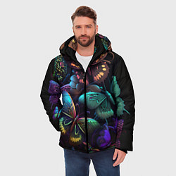 Куртка зимняя мужская Разные неоновые бабочки, цвет: 3D-черный — фото 2