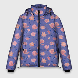 Куртка зимняя мужская Цветы магнолии на нежно-лиловом, цвет: 3D-черный