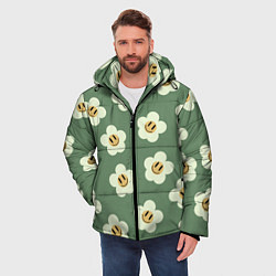 Куртка зимняя мужская Цветочки-смайлики: темно-зеленый паттерн, цвет: 3D-черный — фото 2
