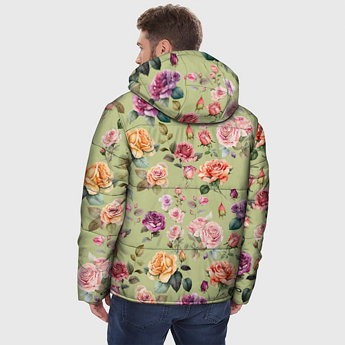 Мужская зимняя куртка Акварельные цветы - паттерн зеленый / 3D-Черный – фото 4
