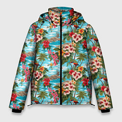 Куртка зимняя мужская Разноцветные гавайские цветы, цвет: 3D-красный