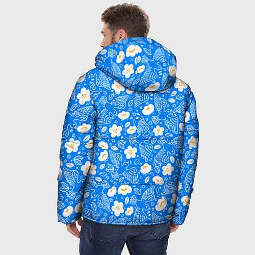 Мужская зимняя куртка Белые птицы голуби и цветы яблони на синем фоне не / 3D-Черный – фото 4