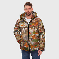 Куртка зимняя мужская Коллаж из сказочных зверей - совы, белки, ёжики, цвет: 3D-черный — фото 2