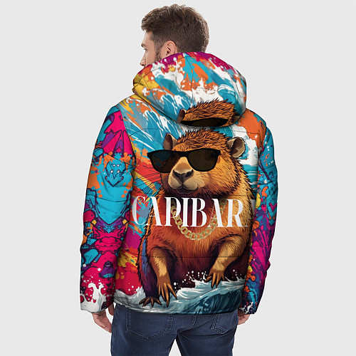 Мужская зимняя куртка Капибара в очках на красочных волнах / 3D-Черный – фото 4