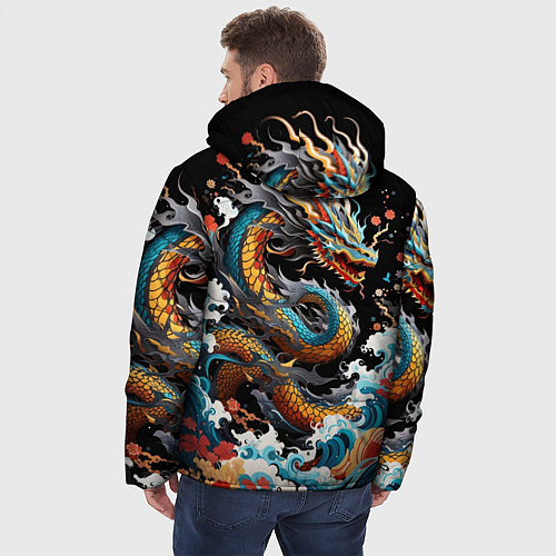 Мужская зимняя куртка Дракон на волнах в японском стиле арт / 3D-Черный – фото 4