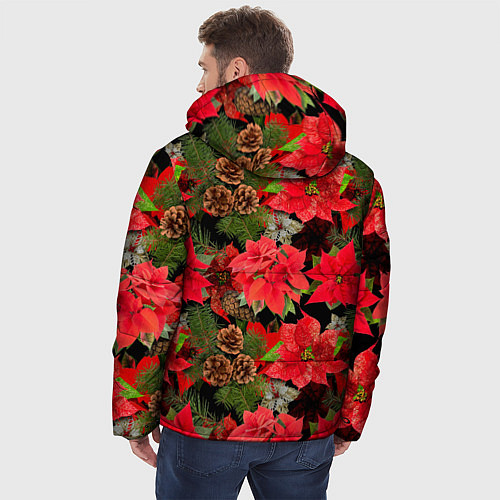 Мужская зимняя куртка Новогодний узор из пуансетии и еловых шишек / 3D-Красный – фото 4