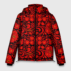 Куртка зимняя мужская Хохломская роспись красные цветы и ягоды на чёрном, цвет: 3D-черный