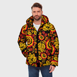 Куртка зимняя мужская Хохломская роспись золотистые листья и цветы чёрно, цвет: 3D-черный — фото 2