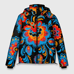 Куртка зимняя мужская Хохломская роспись разноцветные цветы на чёроном ф, цвет: 3D-светло-серый