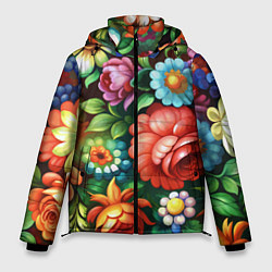 Куртка зимняя мужская Жостово роспись цветы традиционный узор, цвет: 3D-черный