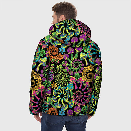 Мужская зимняя куртка Магические красочные грибы с ромашками / 3D-Красный – фото 4