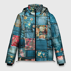 Куртка зимняя мужская Джинсовые лоскуты с цветочками, цвет: 3D-красный