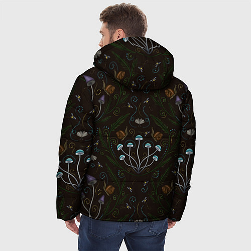 Мужская зимняя куртка Волшебный лес, грибы, улитки и мотыльки - паттерн / 3D-Черный – фото 4