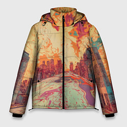 Куртка зимняя мужская Абстрактный город растворяющийся в красках, цвет: 3D-черный