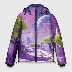 Куртка зимняя мужская Фиолетовые горы зеленые деревья и космос, цвет: 3D-светло-серый