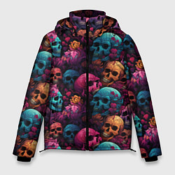 Куртка зимняя мужская Поле яркий черепов и цветов, цвет: 3D-черный