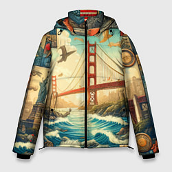 Куртка зимняя мужская Мост через реку и пэчворк - нейросеть арт USA brid, цвет: 3D-черный