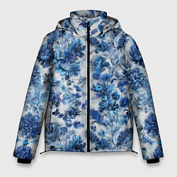 Куртка зимняя мужская Цветочный сине-голубой узор, цвет: 3D-черный