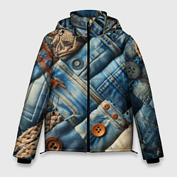 Куртка зимняя мужская Джинсовый пэчворк с пуговицами - мода, цвет: 3D-черный