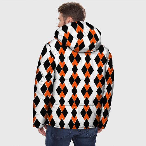 Мужская зимняя куртка Чёрные и оранжевые ромбы на белом фоне / 3D-Черный – фото 4