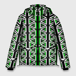 Куртка зимняя мужская Бело-зелёные треугольники на чёрном фоне, цвет: 3D-черный