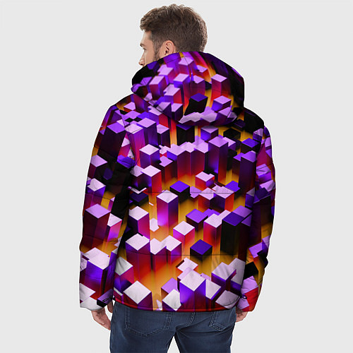 Мужская зимняя куртка Фиолетовые блоки в оранжевом тумане / 3D-Черный – фото 4