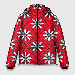 Куртка зимняя мужская Белые цветы в ромбах на красном, цвет: 3D-черный
