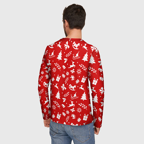 Мужской лонгслив НОВОГОДНИЙ УЗОР КРАСНО БЕЛЫЙ / 3D-принт – фото 4