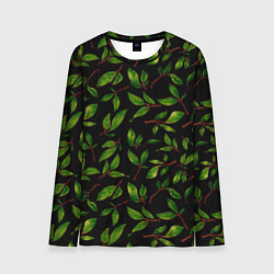 Лонгслив мужской Яркие зеленые листья на черном фоне, цвет: 3D-принт