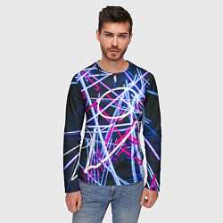 Лонгслив мужской Неоновые хаотичные линии и буквы - Синий, цвет: 3D-принт — фото 2