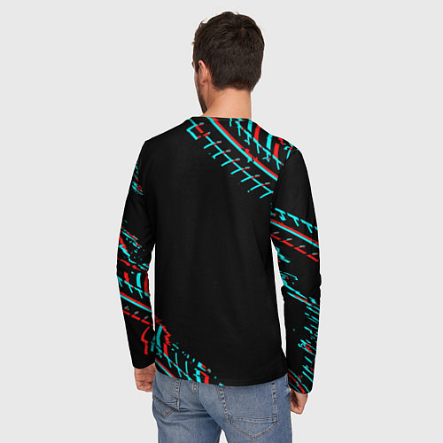 Мужской лонгслив Значок Mercedes в стиле glitch на темном фоне / 3D-принт – фото 4