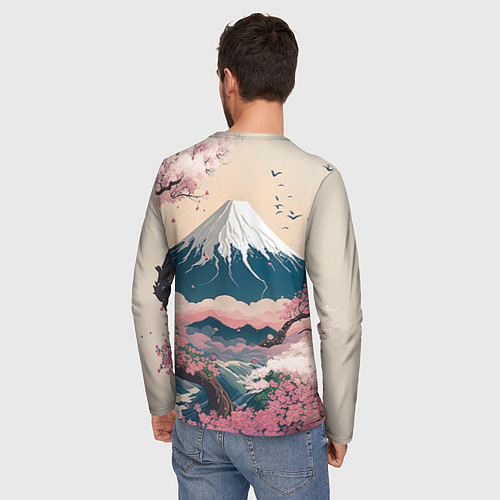 Мужской лонгслив Японский пейзаж: цветение сакуры у горы Фудзияма / 3D-принт – фото 4