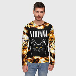 Лонгслив мужской Nirvana рок кот и огонь, цвет: 3D-принт — фото 2