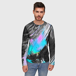Лонгслив мужской Акварельные чёрные голубые розовые разводы, цвет: 3D-принт — фото 2