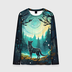 Лонгслив мужской Волк в ночном лесу фолк-арт, цвет: 3D-принт