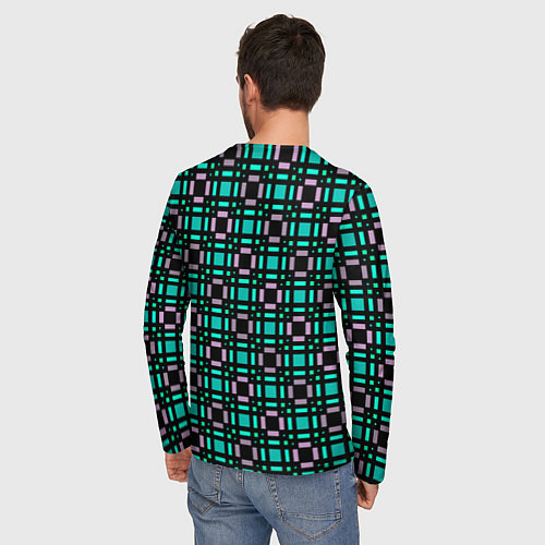Мужской лонгслив Зелено-сиреневый с черный клетчатый узор / 3D-принт – фото 4