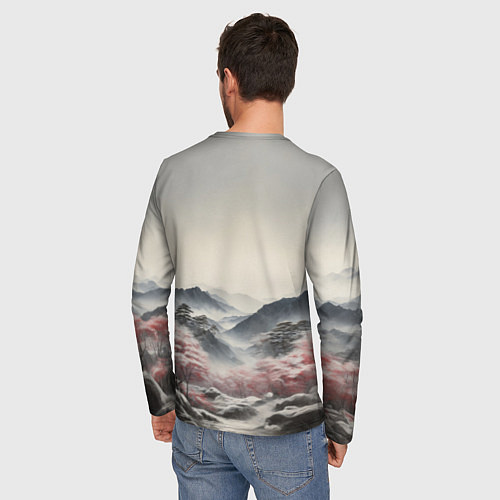 Мужской лонгслив Высокое дерево и гора Фудзияма / 3D-принт – фото 4