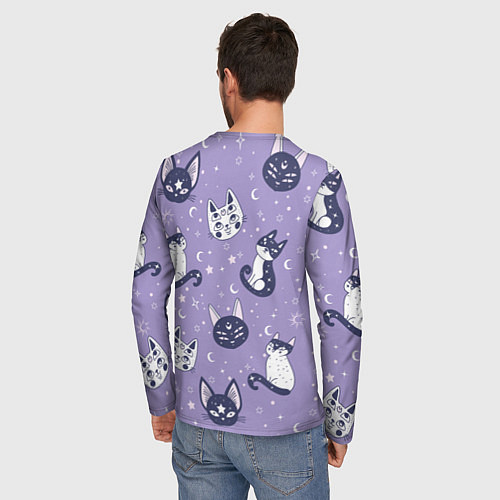 Мужской лонгслив Мистические кошечки - паттерн фиолетовый / 3D-принт – фото 4