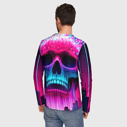 Мужской лонгслив Pixel skull blast brain - cyber city ai art / 3D-принт – фото 4